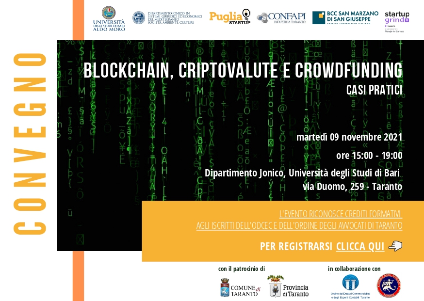 A Taranto un Convegno dal titolo: “Blockchain, Cryptovalute e Crowdfunding. Casi pratici”.